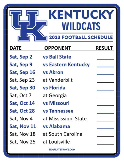 Kentucky Football Printable Schedule
