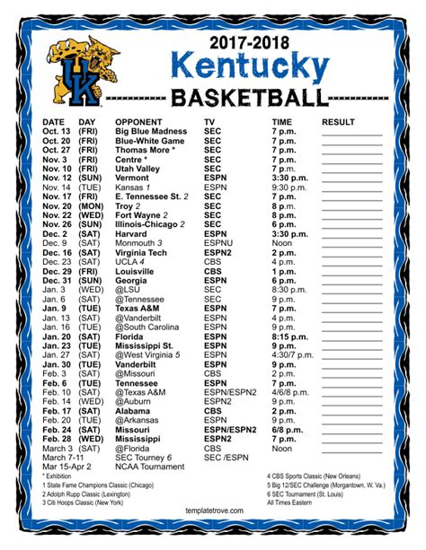 Kentucky Wildcats Printable Basketball Schedule