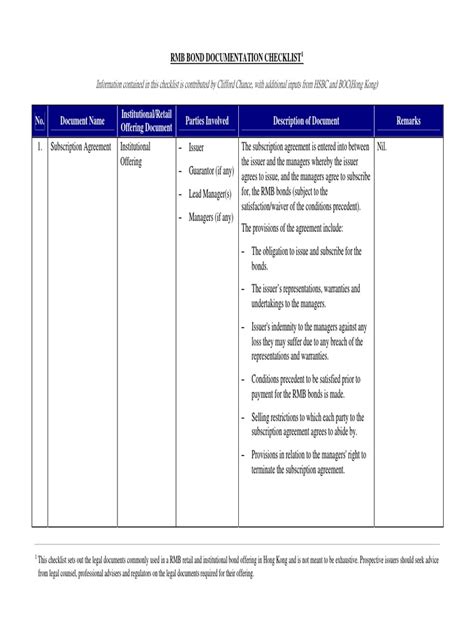 Key Documentation Checklist (for large bonds)