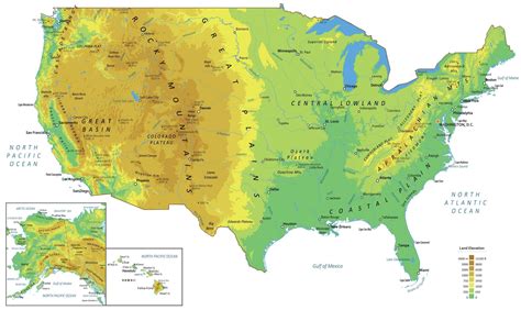 US map with physical features