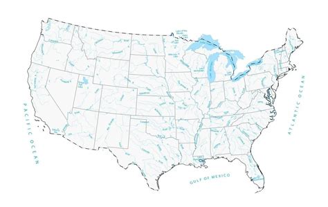 Map of US with Lakes and Rivers