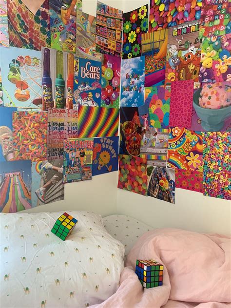 Kidcore bedroom with whimsical wall art