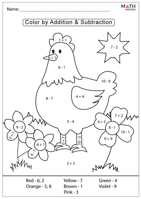 Kindergarten Addition And Subtraction Coloring Worksheets