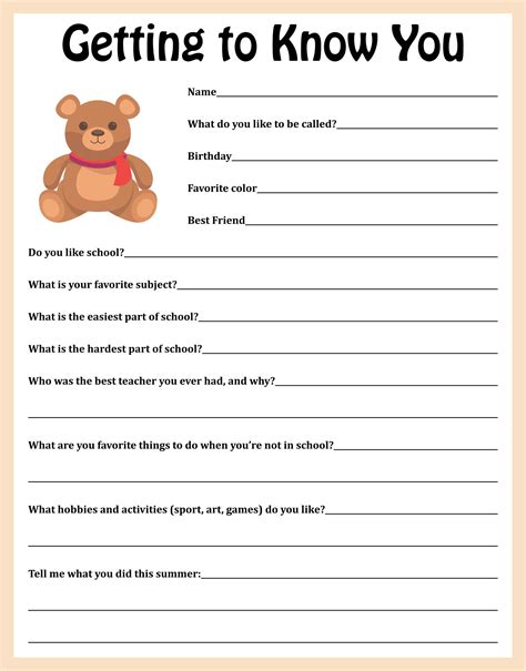 Kindergarten Getting To Know You Worksheet