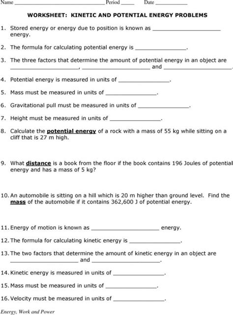 Kinetic And Potential Energy Problems Worksheet Answers — db-excel.com