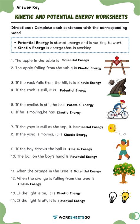 Kinetic and Potential Energy Worksheet Answer Key | Kinetic Energy