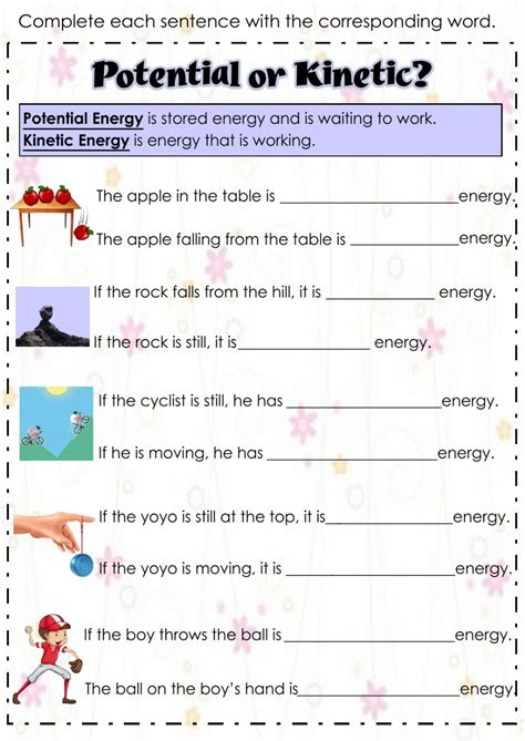 Kinetic vs. Potential energy worksheet