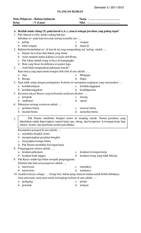 Kisi Kisi Soal Bahasa Indonesia Kelas 5 Semester 2