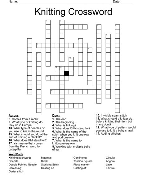 Knitting Pattern Crossword