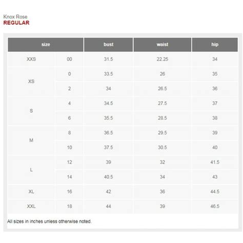 Knox Rose Size Chart
