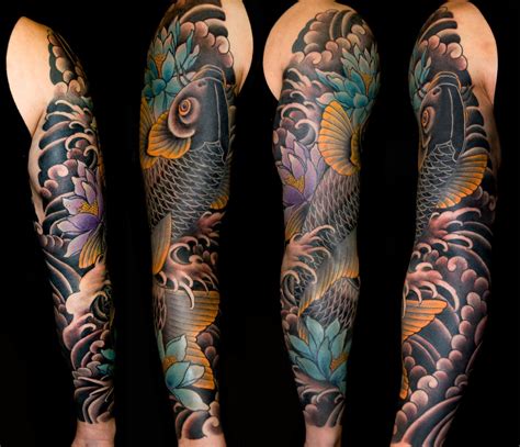 3/4 sleeve Dragon and Koi Fish tattoo Chronic Ink
