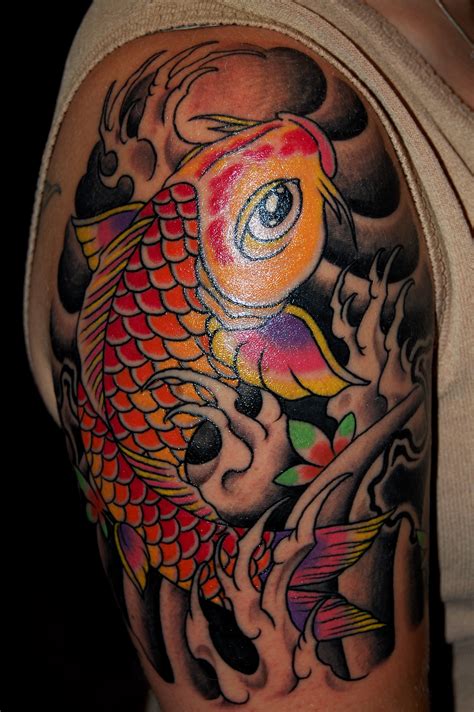 divisi [28+] Half Sleeve Koi Fish Tattoo Black And Grey