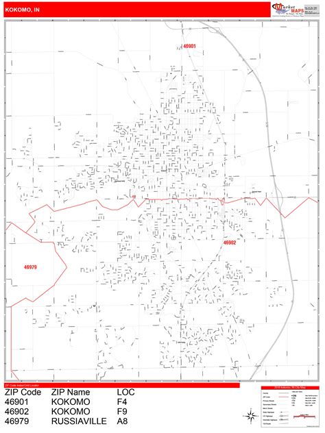Kokomo Indiana Zip Code Wall Map (Red Line Style) by MarketMAPS