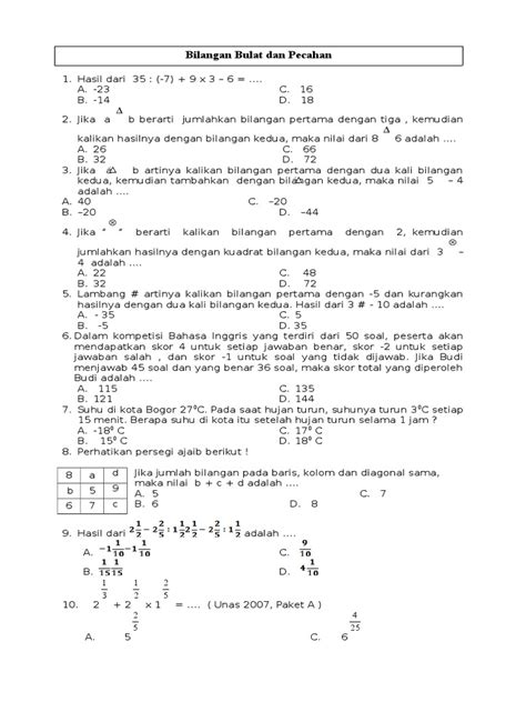 Soal Matematika Kelas 7 Semester 1