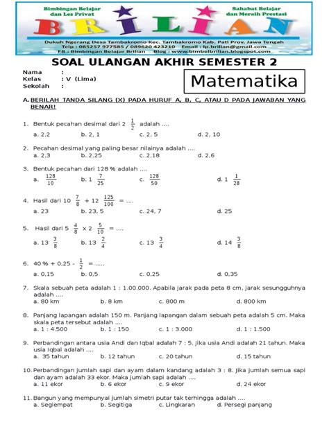 Kumpulan Soal Matematika Kelas 5 Semester 2 Kurikulum 2013