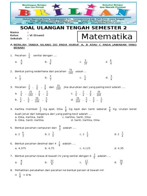 Kunci Jawaban UTS Matematika Kelas 6 Semester 2