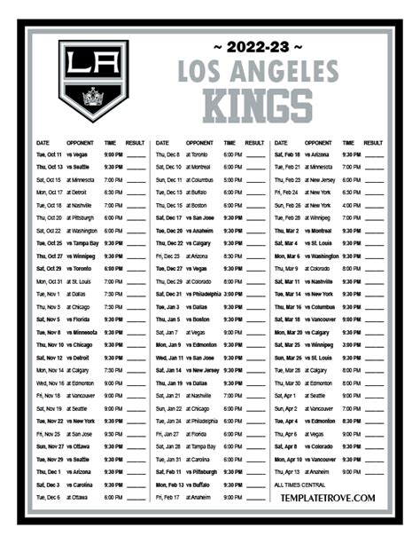 Printable 20222023 Los Angeles Kings Schedule