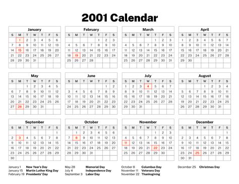 Labor Day 2001 Calendar