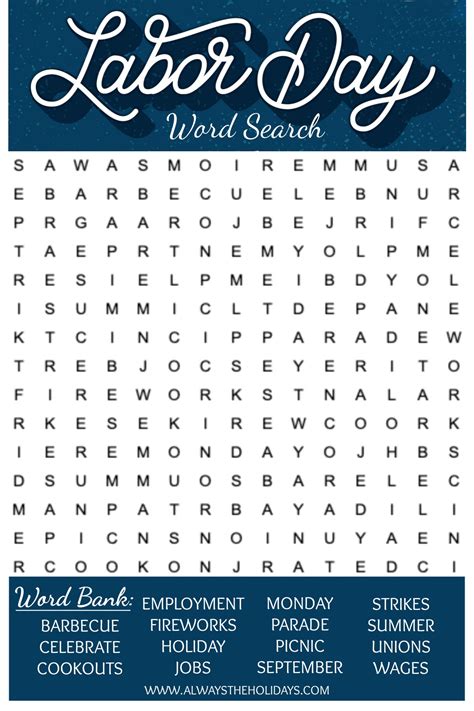Labor Day Word Search Printable