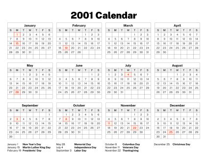 Labor Day 2001 Calendar