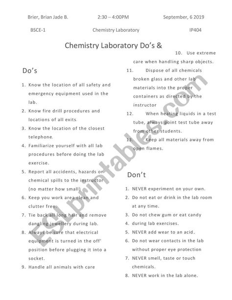 Laboratory Dos And Donts Worksheet Answers