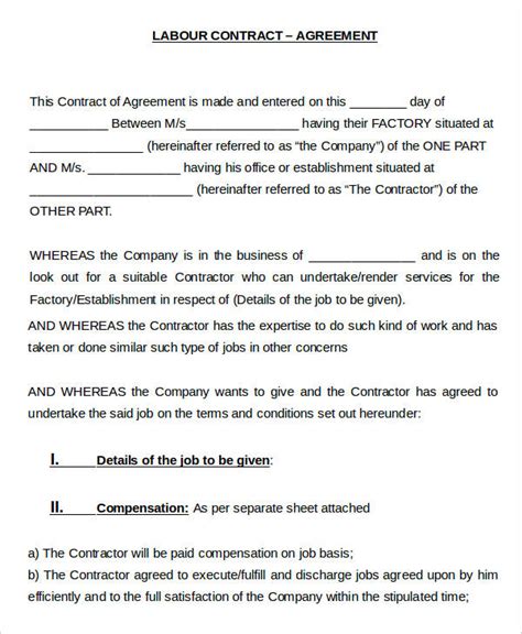 FREE 6+ Sample Agreements for Labour Contract Templates in MS Word PDF