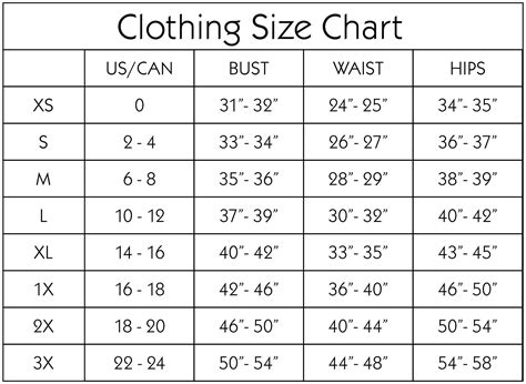 Ladies Clothes Size Chart