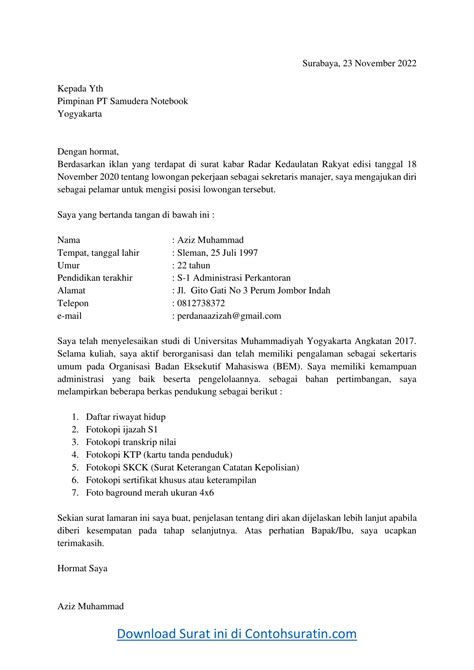 Lamaran kerja sebagai sekretaris Indonesia