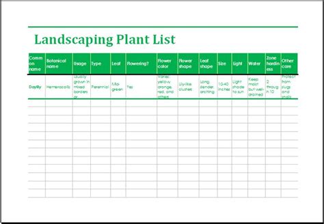Landscape Design Plant List Template
