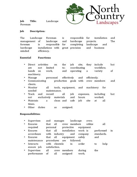 Landscape Maintenance Foreman Job Description