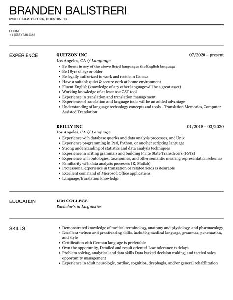 Language Skills On Resume Example