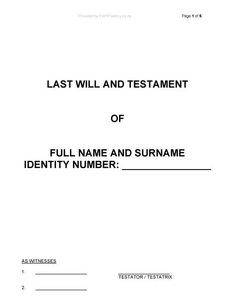 Last Will And Testament Template South Africa