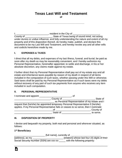 Last Will And Testament Template Texas