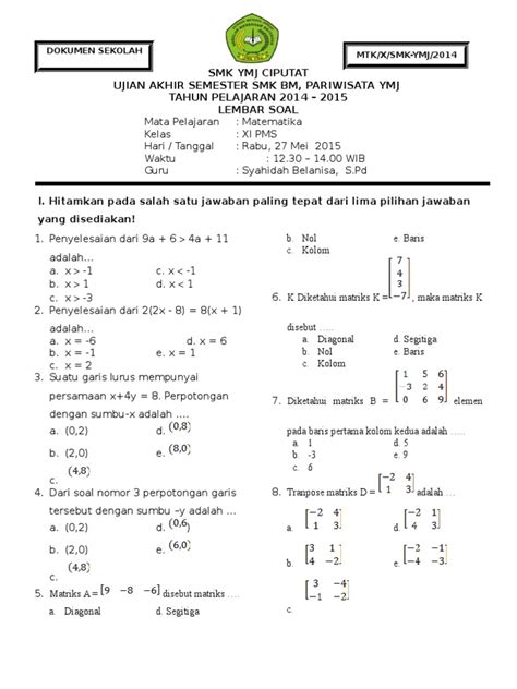 Latihan Soal Matematika Kelas 11 SMK Semester 2 dan Jawabannya