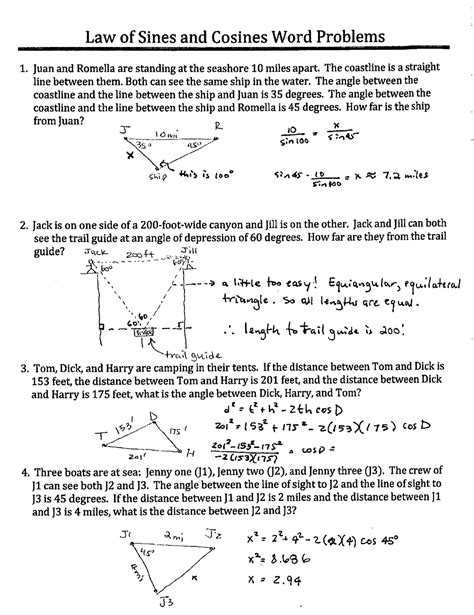 Law Of Sines And Cosines Word Problems Worksheet With Answers