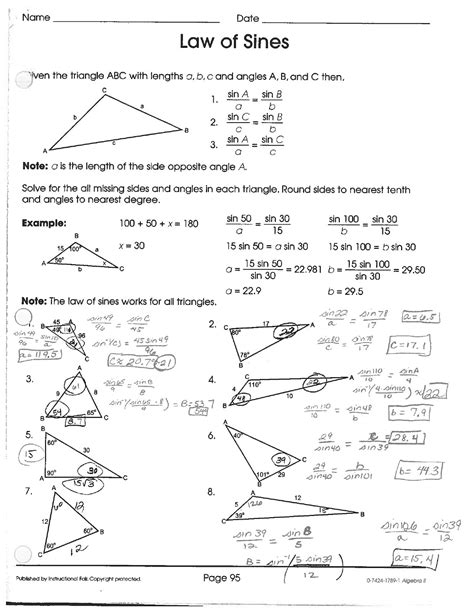 Law Of Sines And Cosines Worksheet With Answers
