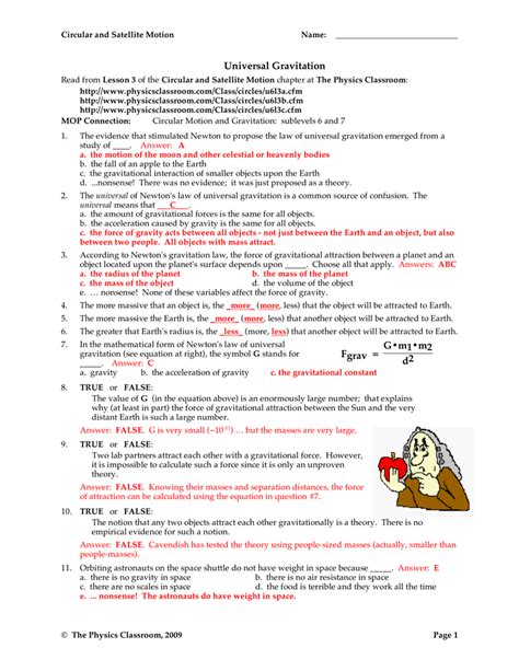 Law Of Universal Gravitation Worksheet Answers