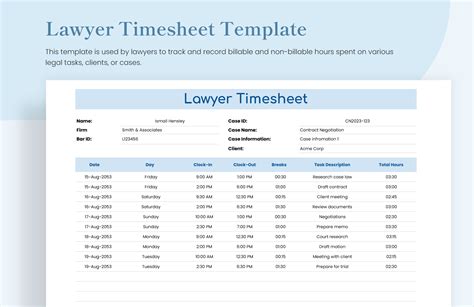 Lawyer Timesheet Template PDF Template