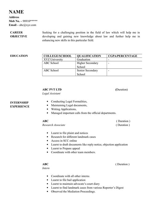 Law Resume Samples For Freshers