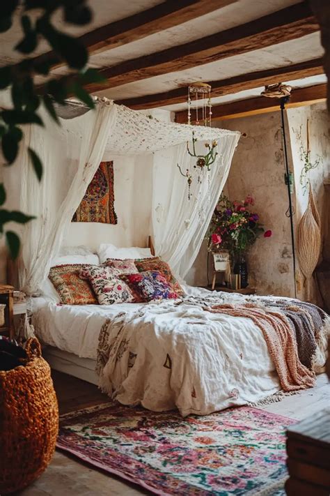 Layered textiles in boho bedroom