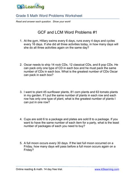 Lcm Word Problems Worksheet