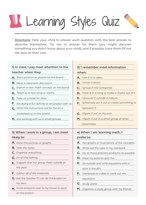 Learning Style Quiz Printable