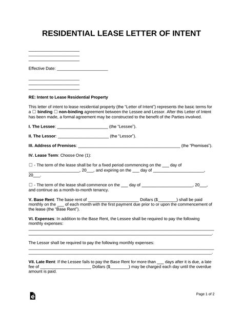 Lease Letter Of Intent Template