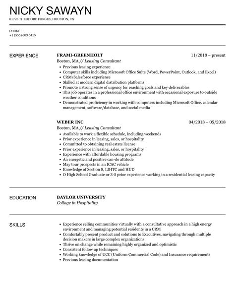 Leasing Consultant Sample Resume