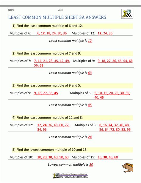 Least Common Multiple Worksheet With Answers