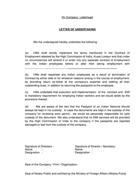 Legal Undertaking Template