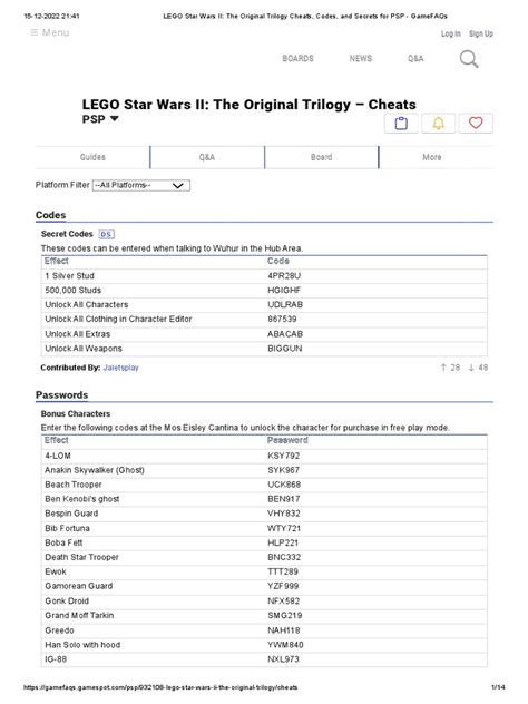 Lego Star Wars 2 Cheats