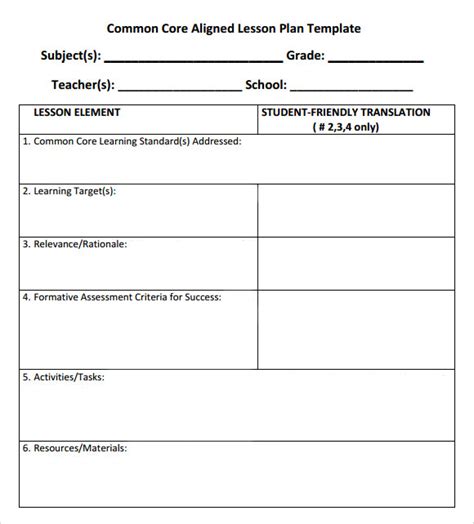 Lesson Plan Template Using Common Core Standards