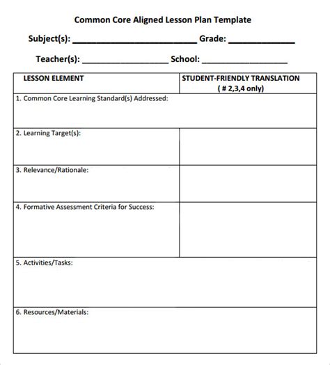 9+ Common Core Lesson Plan Template PDF, DOC