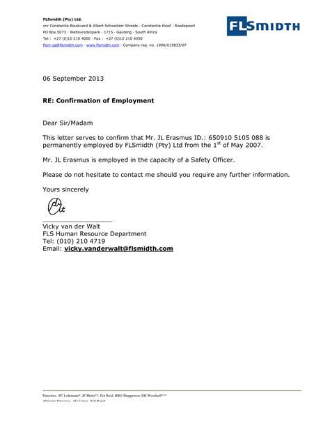 Confirmation Of Employment Letter Template Addictionary